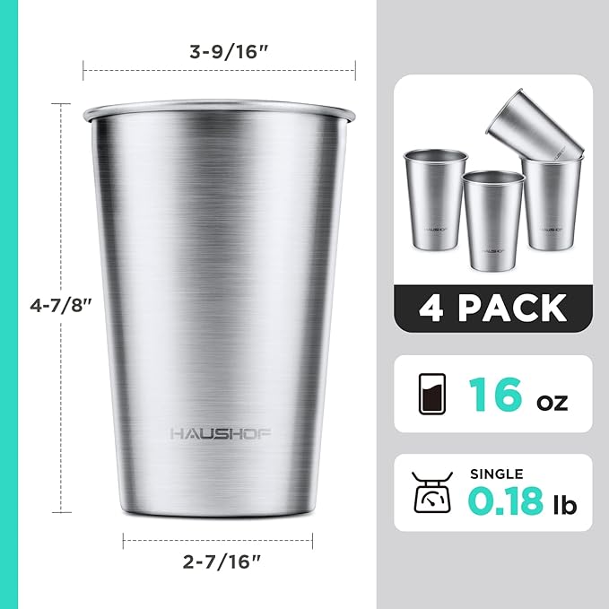 HAUSHOF Pint Cup, 16 oz Stainless Steel Cups, Stackable Metal Drinking Cups, Stacking Beer Pint Cups for Home, Party, Camping, Outdoor, Unbreakable, 4 Pack