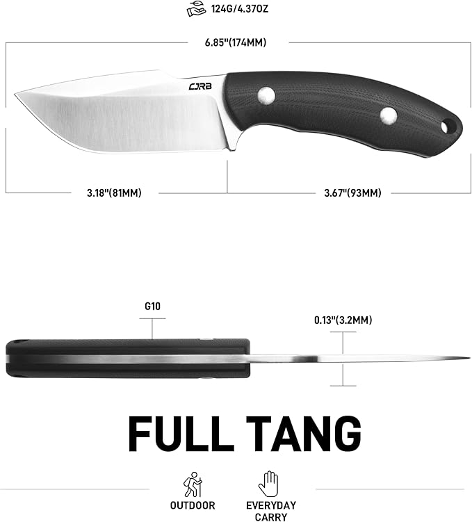CJRB Mutt Fixed Blade Knife with Sheath, 3.18" AR-RPM9 Steel Blade EDC Fixed Blade Camping Knife with G10 Handle, Small Bushcraft Survival Hunting Knives for Men Women, J1958 Black
