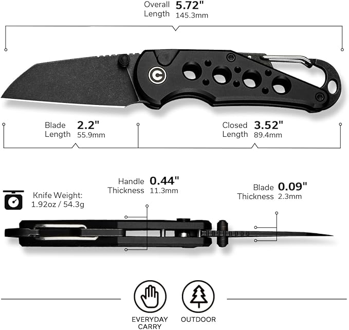 CIVIVI Pragma Folding Knife, Pocket Knife Multitool with EDC Carabiner, Bottle Opener, 2.2" Nitro-V Blade Aluminum Handle, Ideal Gift for Men Women C23062B-1 (Black)