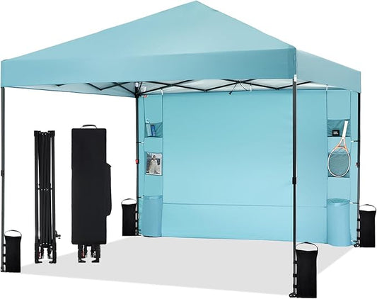 10'x10' Pop Up Canopy Tent with 1 Sidewall and 6 Pockets, One Push Setup, Instant Shade Tent with Vented Roof for Beach Patio Outdoor, Case, 8 Stakes, 4 Ropes, 4 Sandbags (Cyan, 10x10)