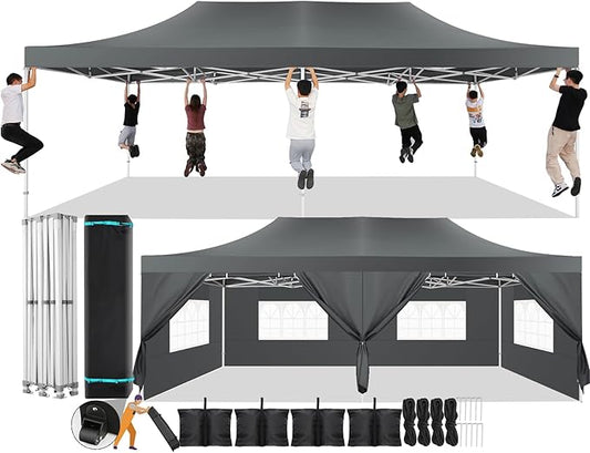 COBIZI 13x26 Pop Up Canopy with 6 Sidewall,Heavy Duty Canopy UPF 50+ All Season Wind Waterproof Commercial Outdoor Wedding Party Tents for Parties Canopy Gazebo with Roller Bag(13 x 26 ft Gray)