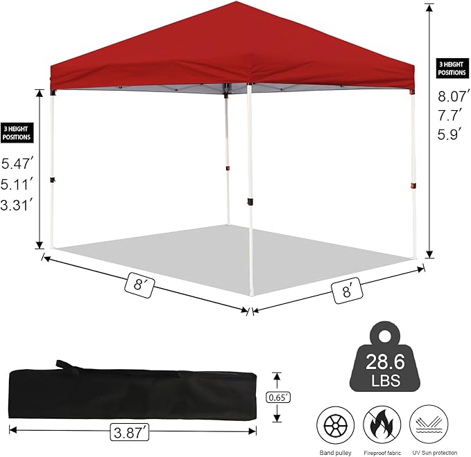 Northroad 8X8 FT Pop Up Canopy, Outdoor Instant Canopy Tent Slant Legs with Carrying Bag, Portable Gazebo Shelter for Wedding Party,Commercial Event,Patio,Garden,Beach -Red