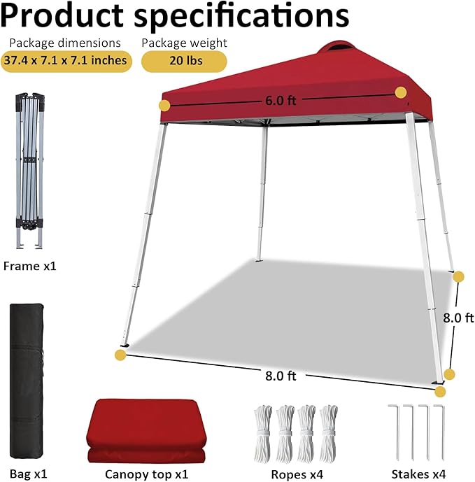 8x8 Top Pop Up Canopy Tent with Central Lock Design, Slant Legs, Backpack, Easy Outdoor Sun Shade for Events, Parties, Camping(Red)