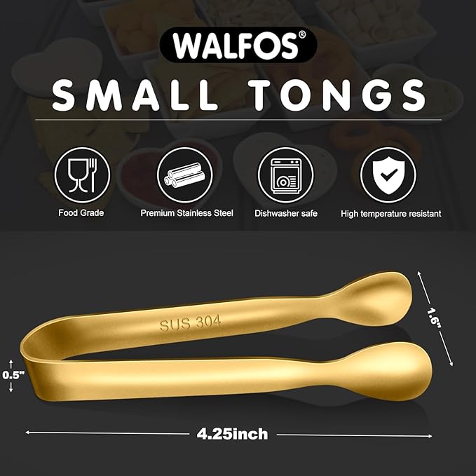 Walfos Small Gold Tongs For Serving,Food Grade Stainless Steel 4" Mini Tongs Appetizers for Parties Catering, Sugar,Desserts,Tea Party, Coffee Bar, Set of 12 (Gold)