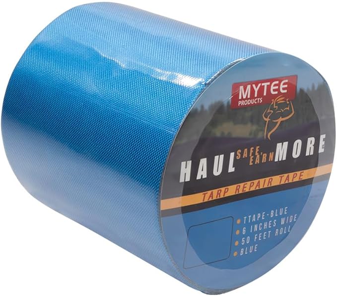 Mytee Products 8.8 oz Waterproof Blue Vinyl Tarp Repair Tape 6 Inch x 50 FT with Heavy Duty Adhesive Backing - Tarp Patch Kit, Tarp Repair Kit
