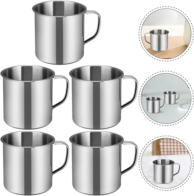5pcs Small Stainless Steel Mug Camping Coffee with Handle Portable Drinking Cup Kids Hot Chocolate Mug Metal Water Cup For Outdoor Picnic Backpacking Silver