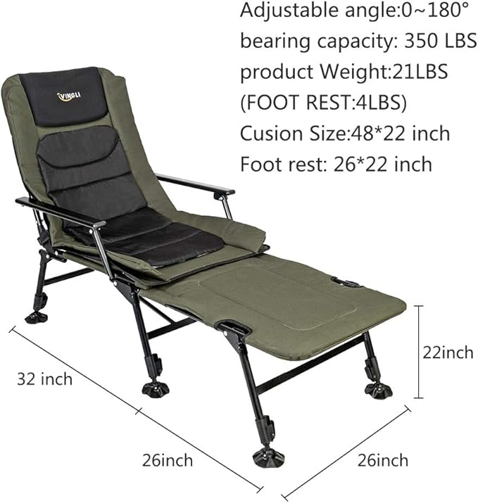 VINGLI Heavy Duty Fishing Chair with Footrest Support 440 LBS, Oversized Camping Chairs with 160° Adjustable High Back, Beach Chair for Outdoors/Yard/Forest