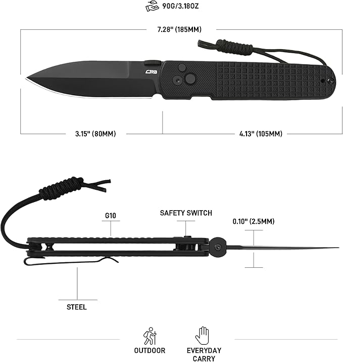 CJRB Locust Pocket Knife for Men with 3.15'' AR-RPM9 Steel Blade and G10 Handle, Button Lock with Safety Switch EDC Knife for Camping Survival(1951 Black)