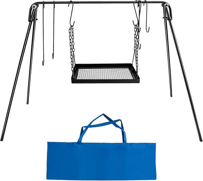 Campfire Swing Cooking Grill Stand, Portable Hanging Cooking Rack with Collapsible Legs Adjustable Grill Grate and Hooks for Outdoor BBQ Picnic Cookware Party