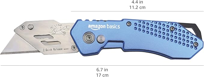 Amazon Basics Folding Utility Knife, Lightweight Aluminum Body with Holster, Light Blue