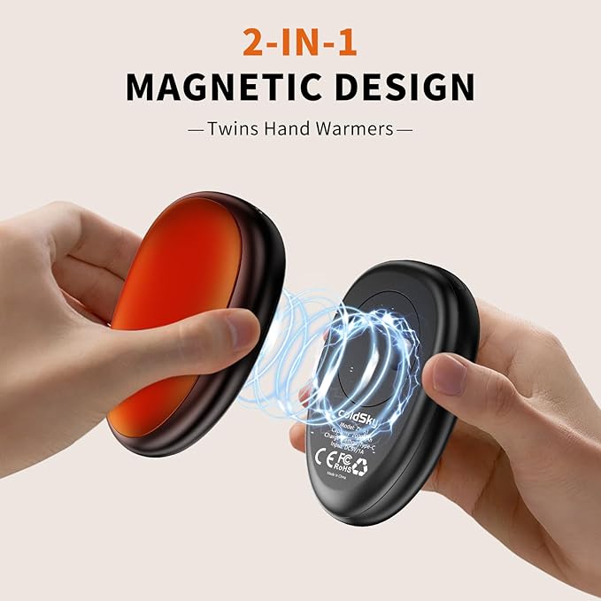 coldSky Rechargeable Hand Warmers 2 Pack, Magnetic 2-in-1 Reusable Electric Hand Warmer, 3 Heat Settings Portable Pocket Hand Heater Gifts for Women Men Christmas, Skiing, Camping, Hunting