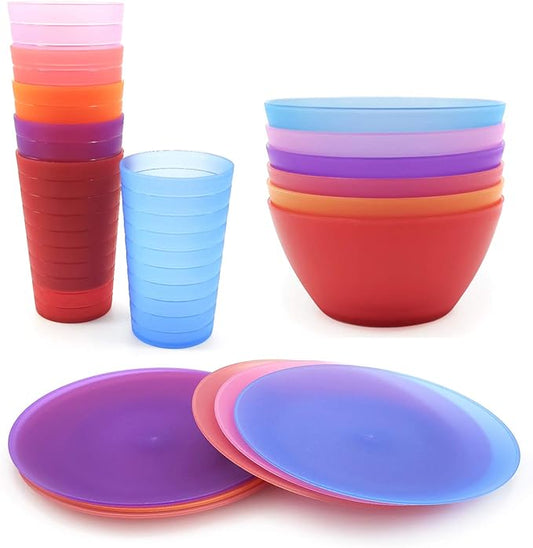 18-Piece Plastic Dinnerware Set, Unbreakable and Reusable Plastic Plates Bowls Tumblers, Multicolor