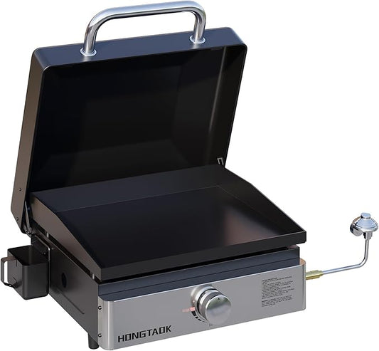 18 Inch Portable Gas Propane Griddle with Lid & Non-stick Ceramic Coated Baking Pan, Outdoor Tabletop Propane Grill for Cooking, Barbecue, Camping Tailgating