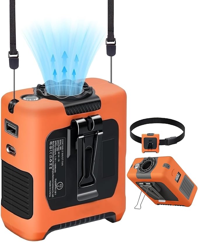 Portable Fans Strong Airflow Personal Waist Fan with Max 40H Runtime Hands Free Neck Fans Wearable Belt Fan for Outdoor Jobsite Camping and Traveling 5 Speeds USB-C Rechargeable 10000mAh (Orange)