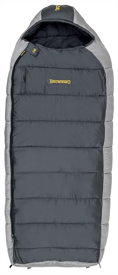Browning McKinley -30° Sleeping Bag - Oversize Insulated Hooded Rectangle Made with Ripstop Outer and Brushed Polyester Liner, with Compression Stuff Sack, Charcoal/Gray