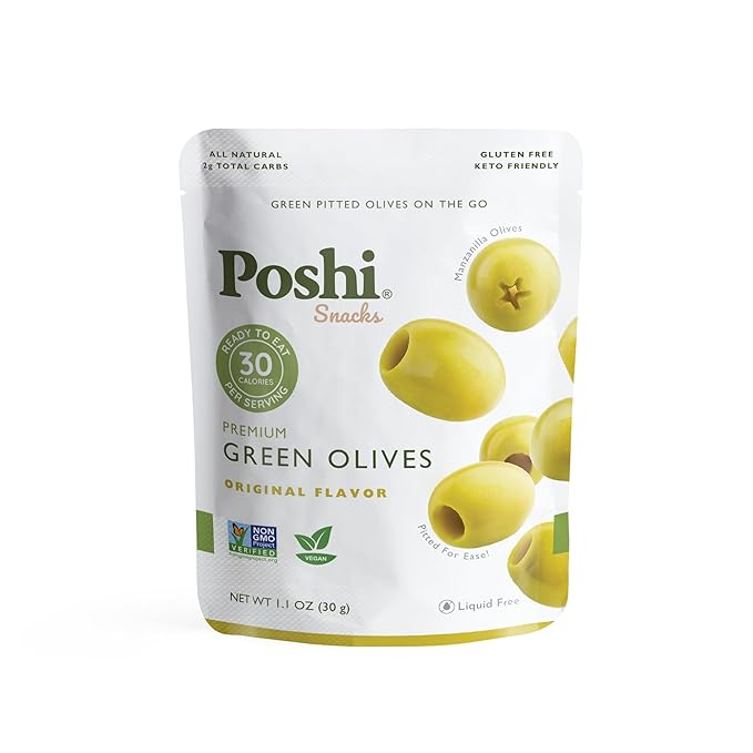 Poshi Green Olives On-The-Go - Original Flavor - Single Serve Pitted Olives - Convenient and Healthy Snack Packs - All Natural, Non-GMO, Kosher, Gluten-Free - 1.1 Oz Bags (10/Pack)