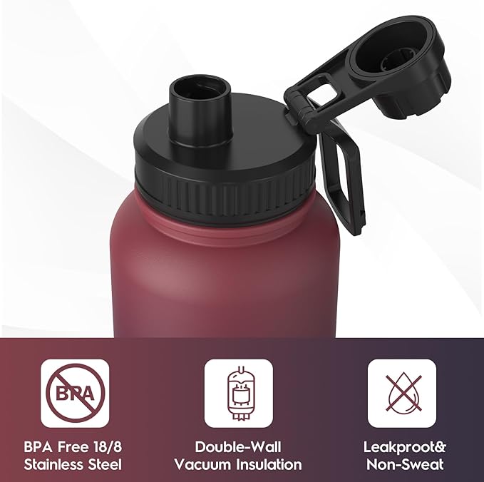 Navigate 32 oz Insulated Stainless Steel Sports Water Bottle with Spout & Handle Lids,Wide Mouth Water Jug with Double Walled Leak Proof Keep Cold for 24 Hrs Hot for 12 Hrs, Red to Black