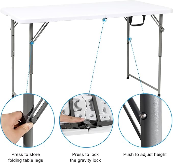 48" W x 24" D x 29.5" H - 4FT Adjustable Height Heavy Duty Plastic Fold-in-Half Foldable Table,White Portable Folding Table with Carrying Handle for Camping & Party