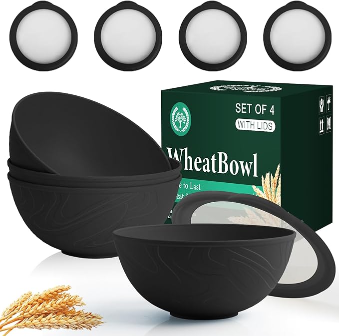 Homienly Wheat Straw Bowls with Lids, Unbreakable 40 OZ Salad Container for Lunch, Dishwasher Safe Cereal Bowl for Kitchen, Camping, Picnic, 8 Piece Plastic Bowl Set includes 4 Bowls and 4 Lids, Black