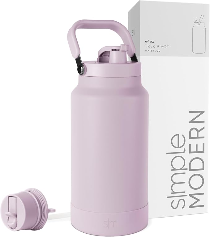 Simple Modern Trek Pivot | Half Gallon Water Bottle Jug with Handle & Boot | Interchangeable Straw & Chug Lids | Large Insulated Stainless Steel | Sports Camping Outdoors | 64oz, Lavender Mist