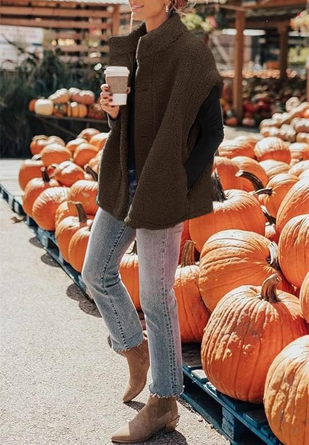 Hongqizo Womens Fuzzy Fleece Vest Casual Oversized Warm Button Down Sherpa Vest Jacket with Pockets