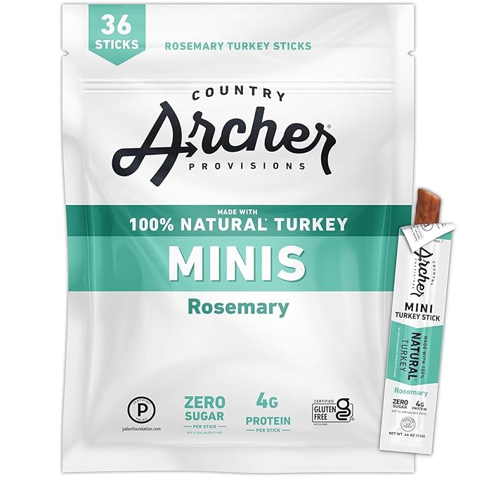 Country Archer Mini Turkey Jerky Sticks - All Natural Turkey Sticks, Protein Snack for People, Meat Snack, Gluten Free, Keto, Rosemary Flavor - 0.5 oz (Pack of 36)