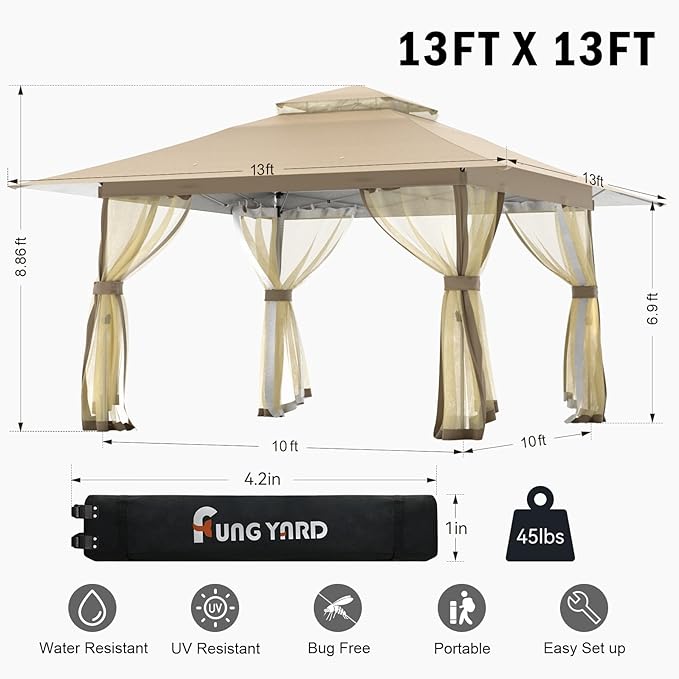 13x13 Outdoor Patio Gazebo with Mosquito Nettings - Double Roof Pop Up Canopy Tent with Wheeled Carry Bag, for Backyard Deck Lawns Garden (Beige, 13x13)