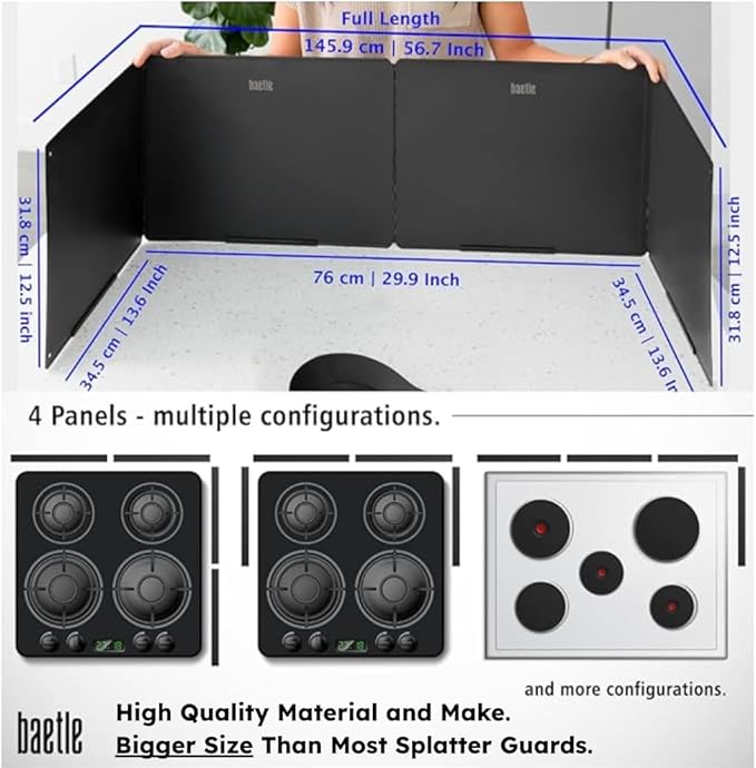 Foldable, Large 4-Sided Grease Splatter Guard, Stainless Steel Oil Splash Shield for Stove Top, Frying & Cooking, Nonstick Stove Splash Guard with Silicone Spoon Rest - Large with 4 panels