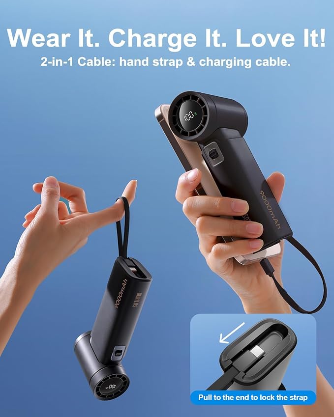 Handheld Fan - Portable Fan with Charger Power Bank, 9000mAh Rechargeable 18W Fast Charging, Type-C Input, 50000RPM High Speed Turbo Airflow for Travel Concerts Cruise Makeup, Black