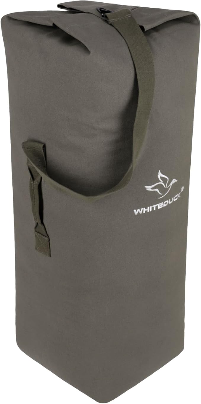 WHITEDUCK Top Load Canvas Folding Duffel Bag, Water Resistant Army Style Shoulder Bag for Men and Women- Gym, Sports, Travel, Hiking, Camping, Backpacking (Large 25" x 42",Olive)