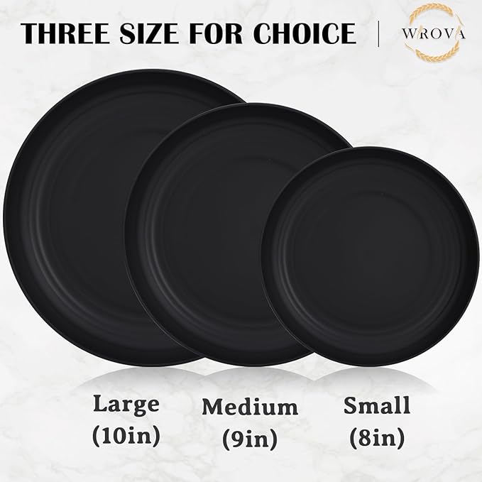 Wheat Straw Plates - 10 Inch Unbreakable Dinner Plates Set of 8 - Dishwasher & Microwave Safe Plastic Plates Reusable - Lightweight Plate for kitchen,camping (Pure Black)