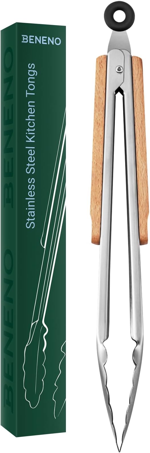 Beneno Tongs for Cooking, Food-Grade Stainless Steel Kitchen Tongs 12-Inch with Ergonomic Heat-Insulating Wooden Grip & Non-Slip Scalloped Tips, Sturdy Locking Metal Tong for Cooking, Grill