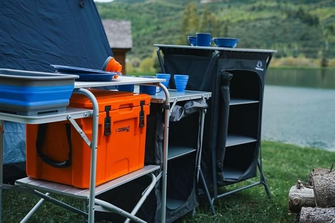 Deluxe Roll Top Kitchen Table for Camping Made with Weather-Resistant Aluminum (by Caddis Sports)