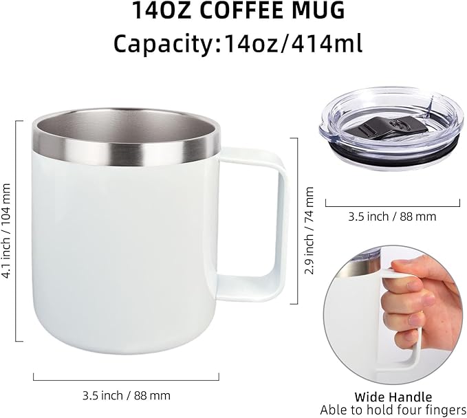 Volhoply 14oz sublimation Insulated Stainless Steel Coffee Mug with Lid Bulk 4 Pack,Double Wall Vacuum Travel Coffee Cup with Handle,Reusable Metal Cups Tumbler,Camping Mugs Keep Hot(Sublimation,4)