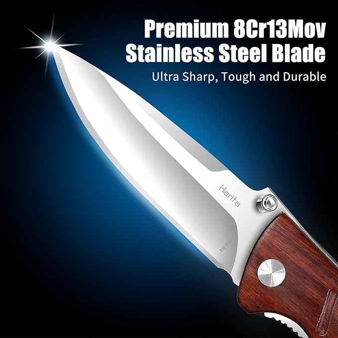 Harita Pocket Knife Folding Knife EDC Knife with Pocket Clip, 2.76 inch 8Cr13MoV Steel Blade, Rosewood Handle, Foldable Camping Fishing Survival Hunting Liner Lock Knife for Men Women