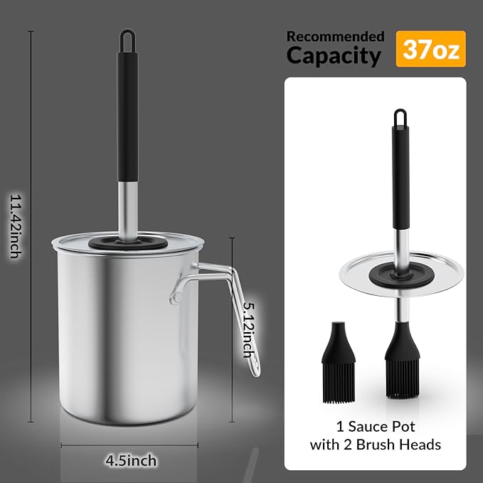 Geesta Adjustable Sauce Pot and Basting Brush Set, Long Stainless Steel Basting Brush for Cooking, Smoking, Fathers Day Grilling Gifts for Men Smoker Accessories, Large Capacity Grilling Tools, 1 Pack