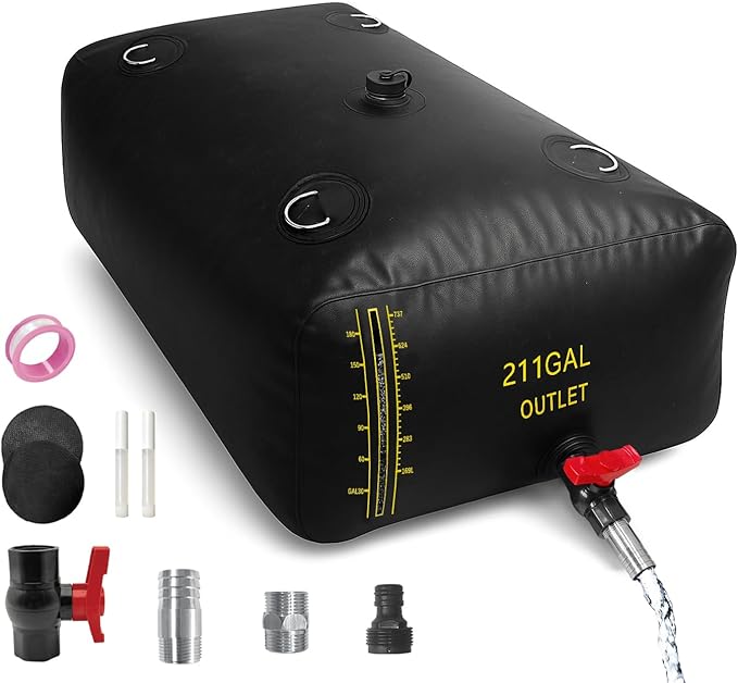 800L/211 Gal Water Bladder with Water Level Indicator, PVC Foldable and Portable Water Tank with 3 Connectors and Overflow Kit, Ideal for RV, Camping, Rainwater Collecting,Planting Watering