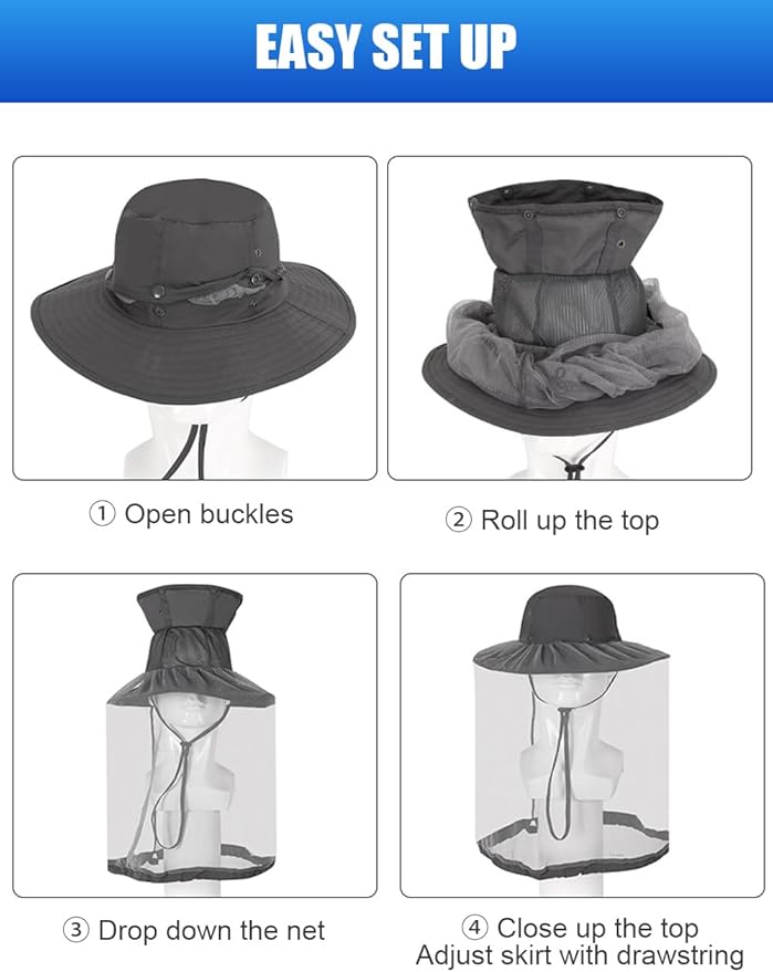 Mosquito Sun Hat with Net, Concealable Mesh, Drawstring Adjustable Skirt and Wind Cord, for Fishing Beekeeping Gardening