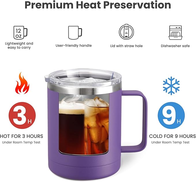 MEWAY 12oz Coffee Mug With Handle and Sliding Lid,Stainless Steel Travel Tumbler Cup with Handle,Double Wall Vacuum Insulated Camping Cup for Hot & Cold Drinks Tea (Purple,Set of 1)
