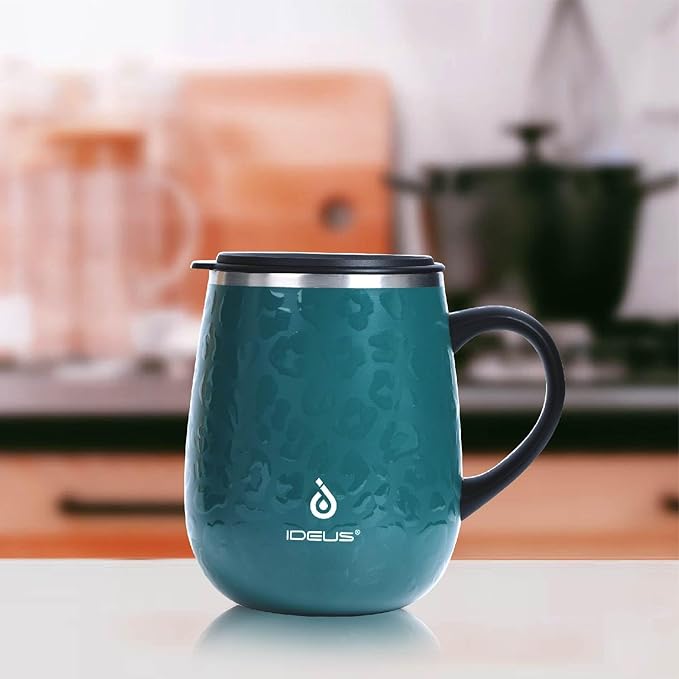 Ideus 16 oz (470 ml) Insulated Coffee Mug with Handle and Lid, Double Wall Stainless Steel Vacuum Thermal Coffee Mug, Travel Coffee Cup Thermal Cup for Home and Office, Leopard Green