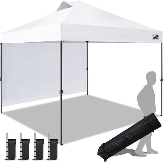Eurmax USA NOMATTER ONE-Person Open&Close 10x10ft Pop Up Canopy Tent,Portable Shelter Canopy for Outdoor Events with 1 Removable Sidewall,Instant Canopies,Temporary Sunshade,Bonus 4 Sand Bags(White)