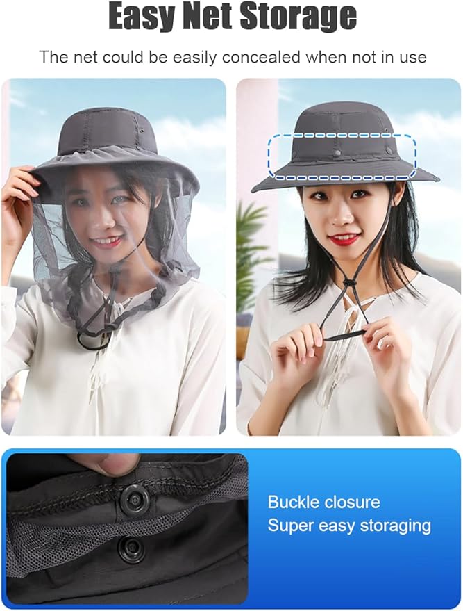 Mosquito Sun Hat with Net, Concealable Mesh, Drawstring Adjustable Skirt and Wind Cord, for Fishing Beekeeping Gardening