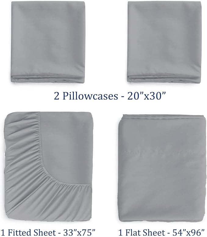 Cot Sheets 33" x 75" - 4 PCs Cot Sheet Set - 600TC 100% Cotton Sheet Set - Cot Size Fitted Sheets Perfect for Narrow Twin/Camp Bunk/Rvs Bunk/Guest Beds/Trifold Mattress, 4-8" Deep Pocket - Light Grey