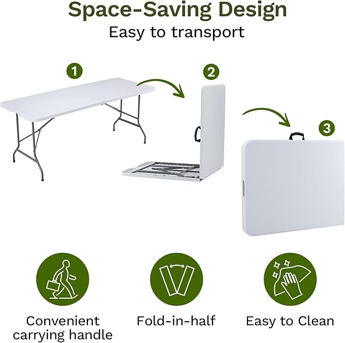 Simple Deluxe 4 FT Foldable Table with Built in Handle & Steel Legs, Heavy Duty Portable Table, Folding Table Outdoor Indoor with Carrying Handle for Camping, Picnic, Party, White