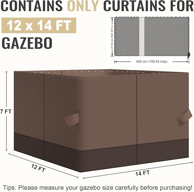 COWVIE 4-Panel 12' x 14' Gazebo Replacement Curtains, Patio Privacy Sidewalls with Double Zipper, Replacement for Outdoor Gazebo Canopy (Curtain Only)