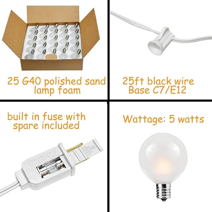 25Ft Outdoor White Frosted String Lights with 27 G40 Frosted Bulbs,E12 Socket Base,Waterproof Connectable Hanging Lights for Backyard Wedding Porch Bistro Party Valentine's Day Decor,White Wire
