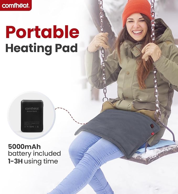 Portable Heating Pad with 5000mAh Battery, 1.7LB Weighted Heat Pad Rechargeable for 1-3H Warmth Outdoor Travel, 3 Heat Settings, 12" x 16", Grey