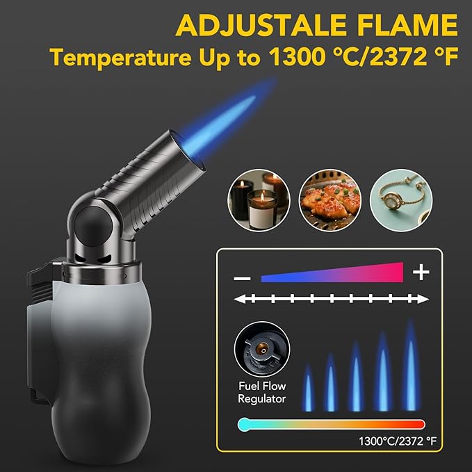 TBTeek Torch Lighter, Portable Kitchen Torch with 45° Rotatable Head and Adjustable Flame, Refillable Butane Torch Lighter for Soldering, Cooking, BBQ, Fireplaces, White-Black (Gas Not Included)