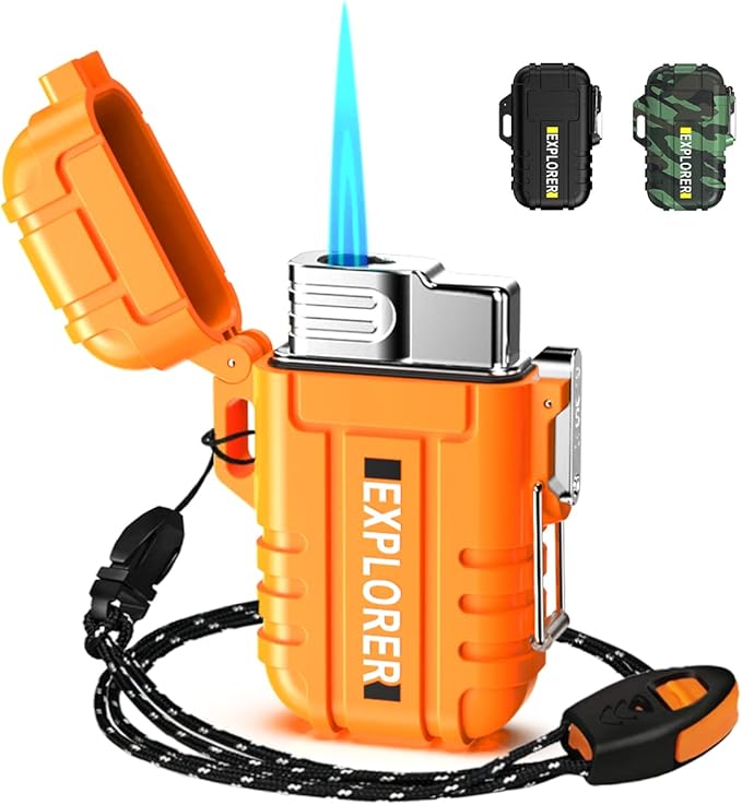 Torch Lighter, Refillable Butane Lighter, Windproof Outdoor Gas Lighter Adjustable Jet Flame Lighters, Fireplace Fireworks Grill Camping BBQ Lighter, Gifts for Men. (Without Gas) (Orange)