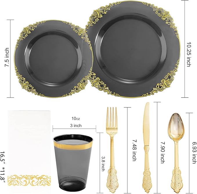 Nervure 175pcs Clear Black Plastic Plates - Gold Plastic Dinnerware Set for 25 Guests include 50 Disposable Plates,75 Gold Silverware,25 Cups,25 Napkins Perfect for Party&Independence Day
